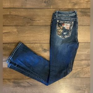 Miss Me Women's Blue Boot Cut Jeans with Floral Pocket